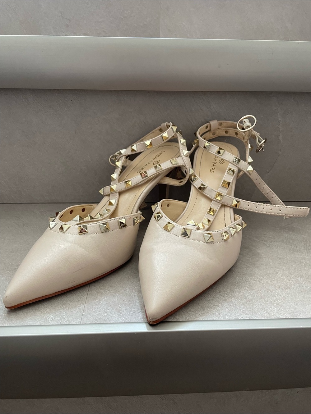 Dream Pairs Studded Pointed-Toe Ankle-Strap Cream Heels